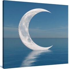 Wall Mural - Floating full and crescent moon above a tranquil ocean, detailed moon reflections on water, cool blue tones, mesmerizing constellations.