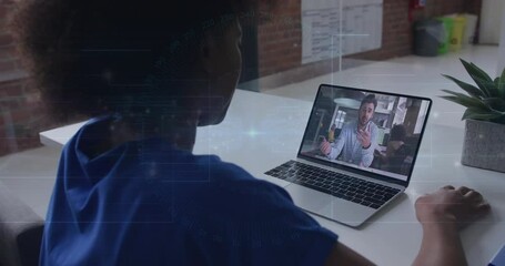 Poster - Watching animation on laptop, person in blue shirt during video call at home