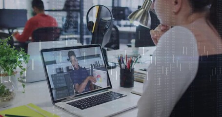 Poster - Watching animation presentation on laptop, person in modern office environment