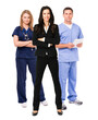 © Eric Hood - Three full length doctors men and women in scrubs and suit isolated on white