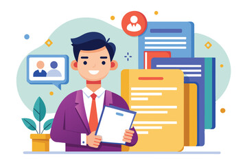 Poster - a professional character holds a customizable resume folder with various documents in an office envi