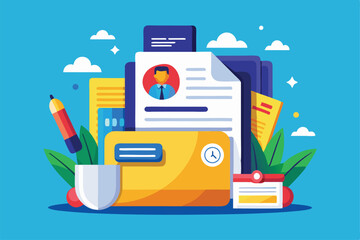 Poster - A colorful flat design featuring a customizable resume folder alongside documents and stationery items, Resume folder Customizable Flat Illustration