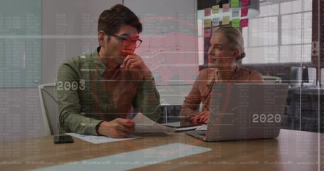 Poster - Discussing data analysis, colleagues with animation of numbers and graphs in office