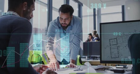 Poster - Analyzing financial graphs, business professionals working in modern office animation