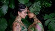 © Narongsag - Romantic Indian Couple Portrait  Lush Green Tropical Leaves  Sari  Jewelry