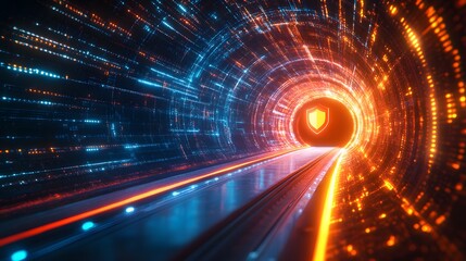 Poster - Glowing digital tunnel with data streams traveling through, showcasing the connectivity of modern technology