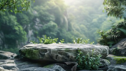 Poster - Stone podium on rock platform surrounded by lush greenery in a tranquil forest setting