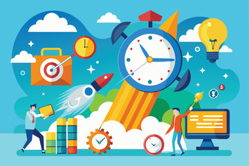 Poster - a vibrant illustration showcasing the perfect timing for starting a business with clocks and rockets