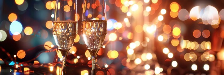 Poster - Champagne glasses sparkle in festive party atmosphere with bright lights and joyful decorations