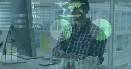 Poster - At desk, man working with data visualization and world map animation overlay