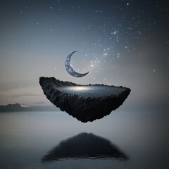 Wall Mural - a gravity-defying floating island caught between a luminous full moon and an enigmatic crescent moon