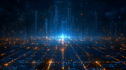 Poster - Glowing digital cityscape at night, featuring grid-like structures and bright points of light. Futuristic and abstract
