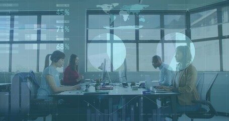 Poster - Business team working at office with data analytics animation overlay