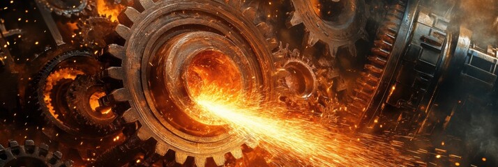 Aufkleber - Massive gears and molten steel flow in industrial machinery during a heat wave at a late afternoon casting operation