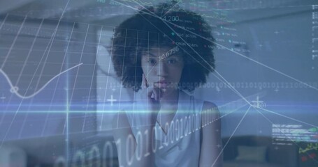 Poster - Analyzing financial data, businesswoman using graphs and animation of binary code