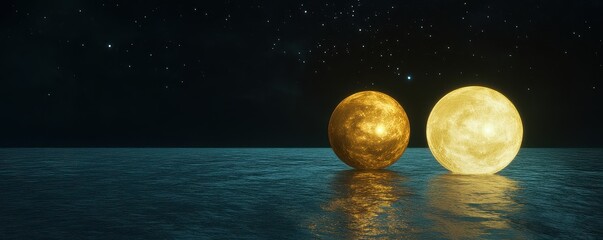 Wall Mural - Twin moons, one golden full and one sapphire crescent, illuminating an alien ocean, constellations resembling futuristic star maps