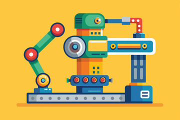 Poster - A vibrant robot arm model demonstrates its customizable features, highlighting industrial usability, Robot arm Customizable Flat Illustration