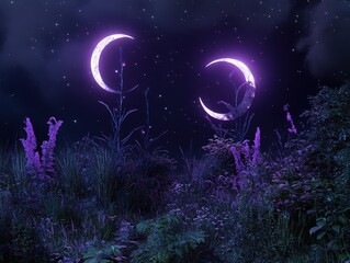 Wall Mural - bioluminescent flora glowing under two mysterious moons, the full moons golden light contrasting wit