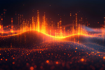 Poster - Glowing, undulating landscape of particles, resembling a fiery, digital terrain.  Intense orange and red hues dominate the scene