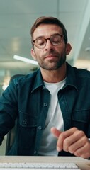 Aufkleber - Face, video call and business man listening in startup for training, online meeting or virtual conference. Webinar, talk or creative worker in office for feedback, advice or typing on keyboard in pov