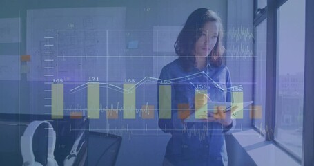 Poster - Analyzing financial charts, businesswoman in office focusing on data and animation