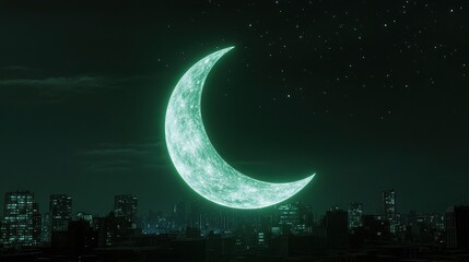 Wall Mural - surreal full moon with a glowing crescent moon, casting a prismatic light over a neon-lit cyber city