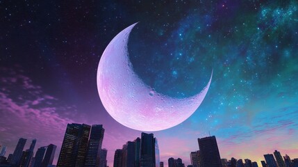 Wall Mural - surreal full moon with a glowing crescent moon, casting a prismatic light over a neon-lit cyber city