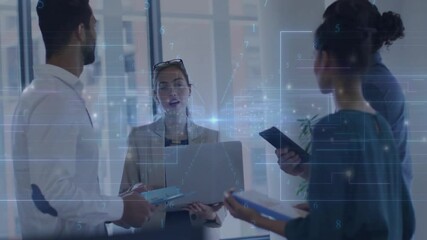 Poster - Discussing digital data, business team collaborating with animation overlay in office