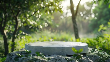 Aufkleber - Stone podium on rock platform in a lush green forest for natural product display