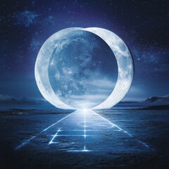 Wall Mural - a mysterious time portal opening under twin moons, full moon reflecting past events, crescent moon r