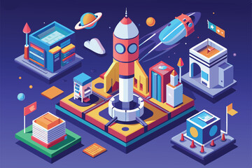 Poster - discover a detailed isometric illustration of a customizable rocket facility in a vibrant space sett