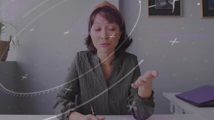 Aufkleber - Woman explaining concept with swirling lines and symbols animation overlay