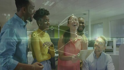 Poster - In office, diverse team collaborating with animation of digital network connections