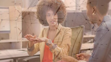 Poster - Explaining concept, businesswoman using data visualization and network connections in office