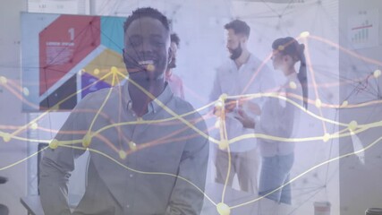 Poster - Smiling man in office with data processing animation over colleagues discussing
