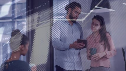 Poster - Discussing animation, diverse colleagues working on digital interface in modern office