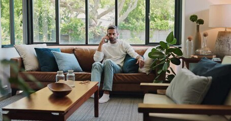 Poster - Man, phone call and couch for freelance discussion, remote work and online for networking in home. Relax, talking and interior designer with client for advice, business contact and schedule meeting