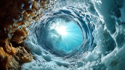 Poster - A blue ocean with a sun shining through a hole in the middle