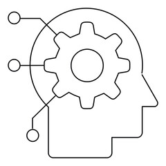 Leinwandbilder - black and white outline of human head with gear inside, symbolizing artificial intelligence and technology integration. Lines extend from head, representing connectivity and digital networks
