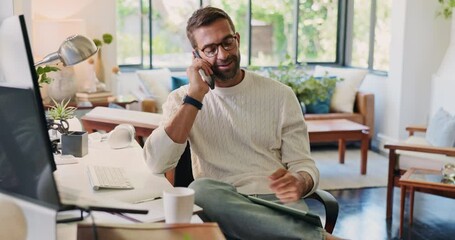 Poster - Laughing, phone call and update with man in home office for remote work or startup business. Administration, design and feedback with freelance employee in apartment for conversation or planning