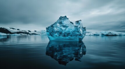 Poster - A large ice block sits in the water, reflecting the sky above