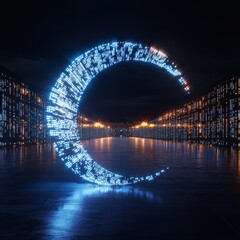 Wall Mural - a futuristic ai hub where data is encoded in the light of twin moons, full moon emitting binary sign