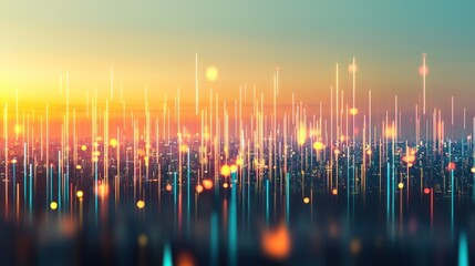 Poster - Futuristic Cityscape at Sunset: Digital Lines and Glowing Lights