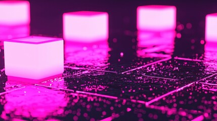 Poster - Pink Cubes Glowing on Wet Surface