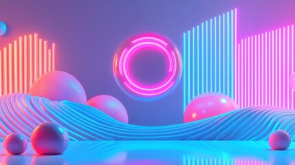 Poster - Neon Lightscape: Abstract 3D Render of  Vibrant Colors and Geometric Shapes