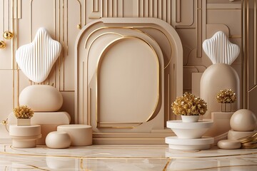 Poster - Luxurious 3D Beige Background with Soft Layered Shapes and Golden Accents