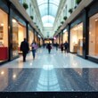 © Pawarit - Blurred shopping plaza background with a sleek stone table top, shopping center, seamless