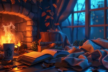 Aufkleber - Cozy autumn evening with a warm drink, a blanket, and a book next to a roaring fireplace