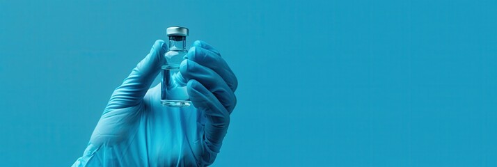 Poster - Hands in blue medical gloves hold a vial of clear liquid against a blue background with space for text, representing health and safety measures