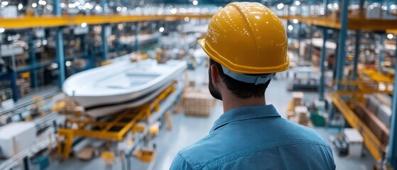 Aufkleber - A man in a yellow helmet stands in a factory looking at a boat